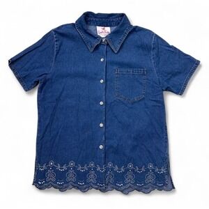 Vintage‎ Quacker Factory Denim Rhinestone Button Up Short Sleeve Shirt Cottage M